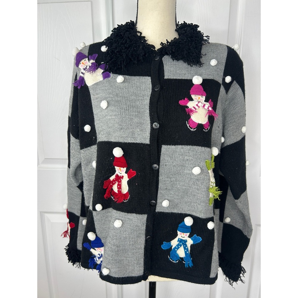 Karen Scott Cardigan Ugly Christmas Sweater Large Black Grey Snowman 3D Pom Poms